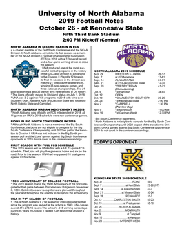 University of North Alabama 2019 Football Notes October 26 - at Kennesaw State Fifth Third Bank Stadium 2:00 PM Kickoff (Central)
