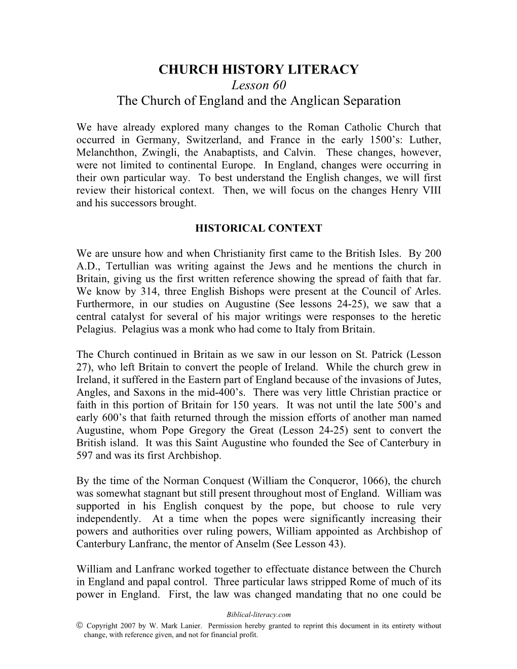 CHURCH HISTORY LITERACY Lesson 60 the Church of England and the Anglican Separation
