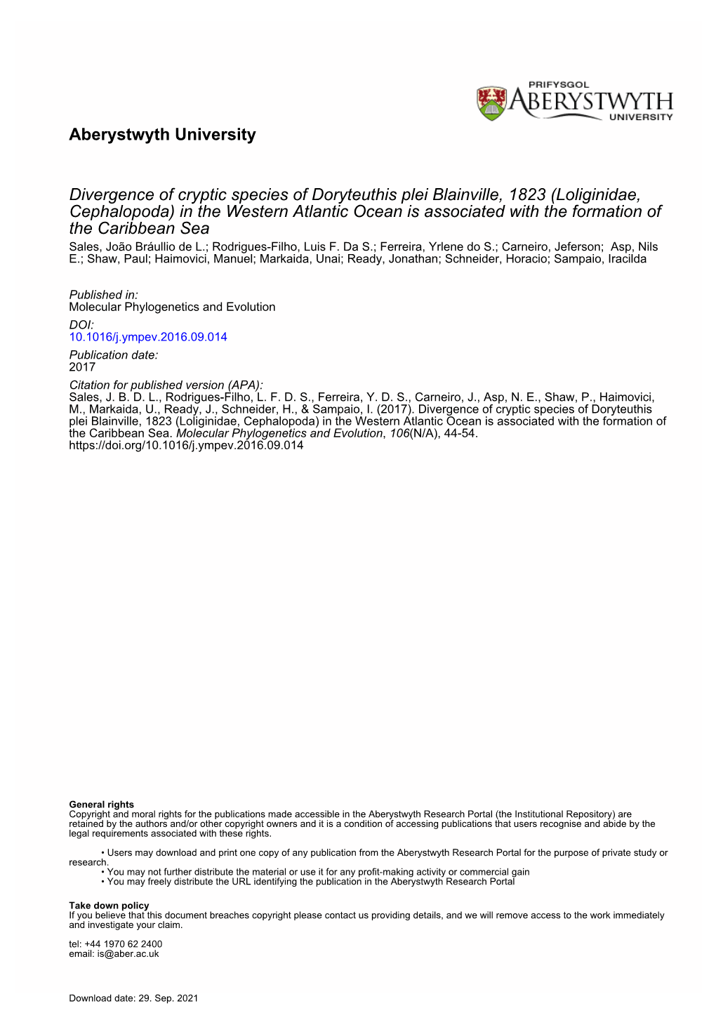 Divergence of Cryptic Species of Doryteuthis Plei Blainville