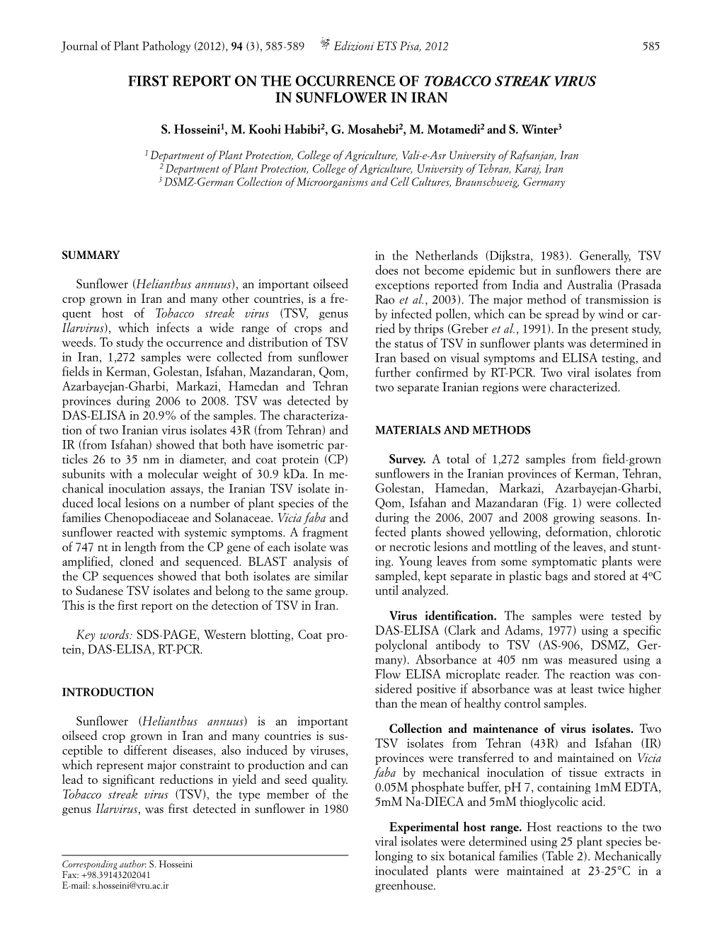 First Report on the Occurrence of Tobacco Streak Virus in Sunflower in Iran