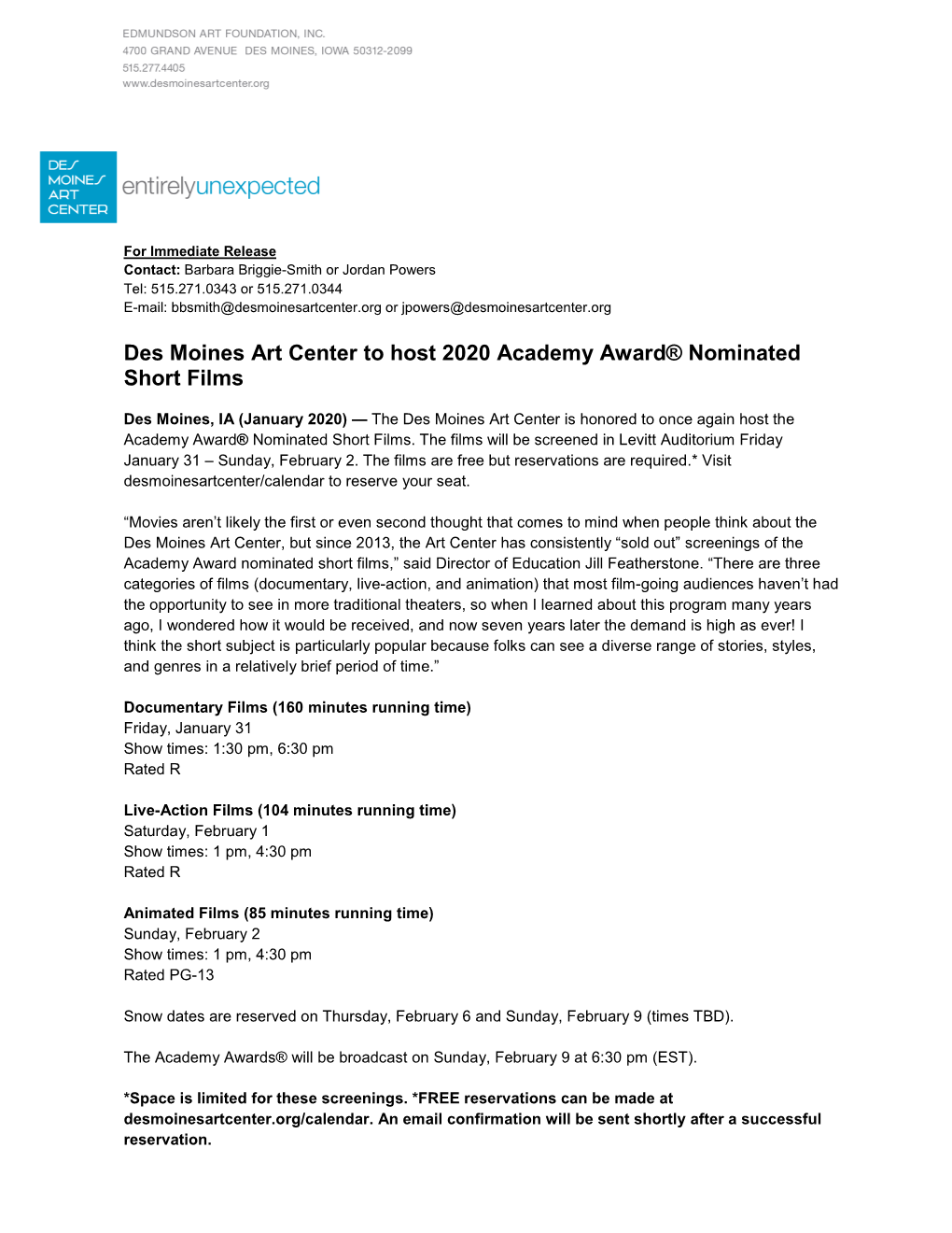 Des Moines Art Center to Host 2020 Academy Award® Nominated Short Films