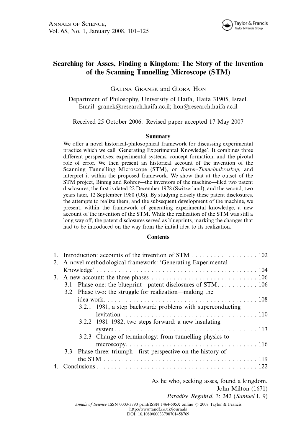 The Story of the Invention of the Scanning Tunnelling Microscope (STM)