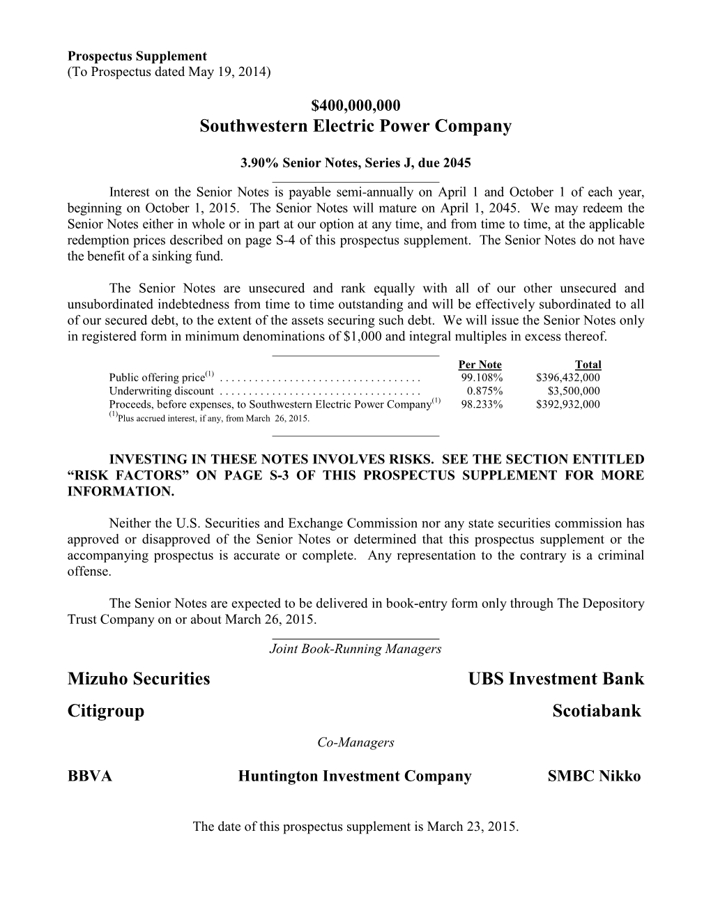 Southwestern Electric Power Company Mizuho Securities UBS Investment Bank Citigroup Scotiabank