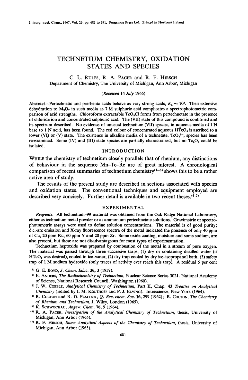 Technetium Chemistry, Oxidation States and Species