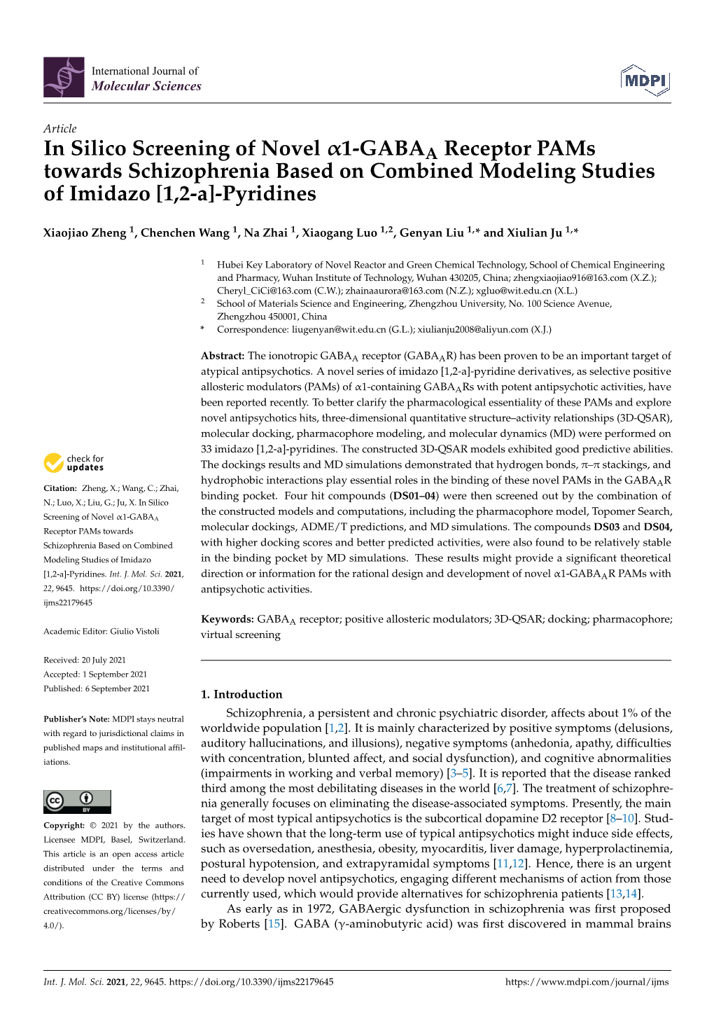 In Silico Screening of Novel Α1-GABAA Receptor Pams Towards Schizophrenia Based on Combined Modeling Studies of Imidazo [1,2-A]-Pyridines