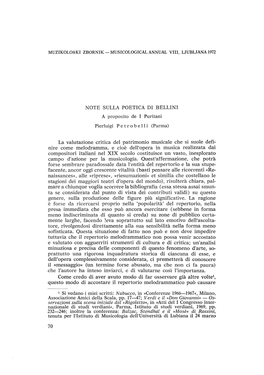 NOTE SULLA POETICA DI BELLINI a Proposito De I Puritani Pierluigi P E T R O B E 11 I (Parma) La Valutazione Critica Del Patrimon