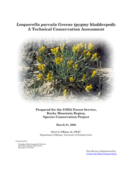 Lesquerella Parvula Greene (Pygmy Bladderpod): a Technical Conservation Assessment