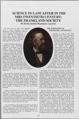 SCIENCE in LANCASTER in the MID-TWENTIETH CENTURY: the FRANKLAND SOCIETY DF Mowle, Retired Pharmacist, Lancaster