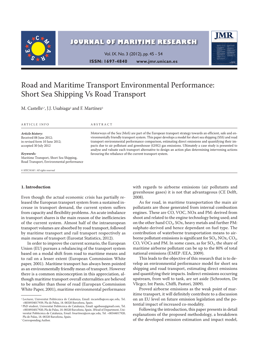 Road and Maritime Transport Environmental Performance: Short Sea Shipping Vs Road Transport
