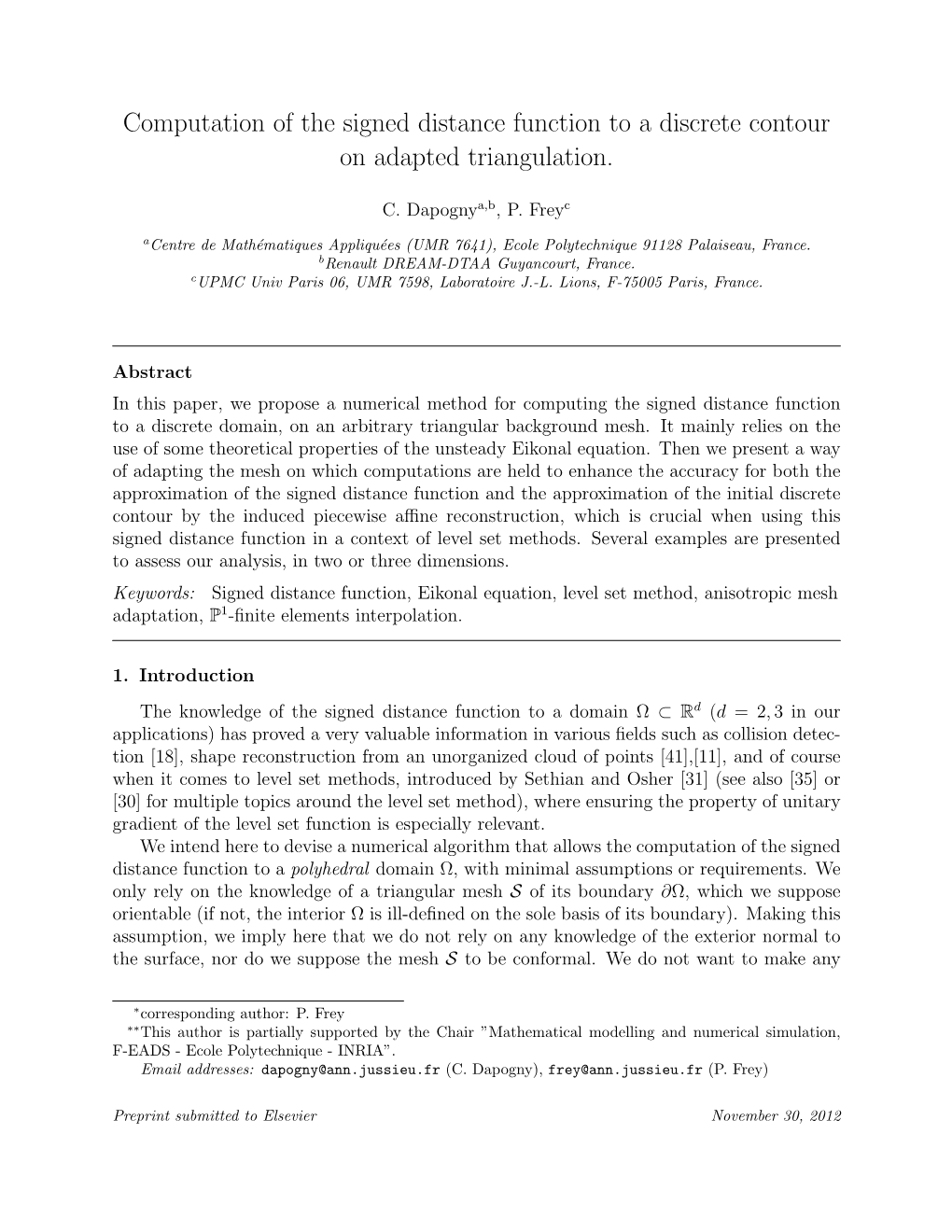 Computation of the Signed Distance Function to a Discrete Contour on Adapted Triangulation