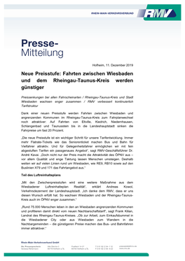 Neue Preisstufe: Fahrten Zwischen Wiesbaden Und Dem Rheingau-Taunus-Kreis Werden Günstiger