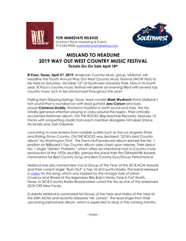 MIDLAND to HEADLINE 2019 WAY out WEST COUNTRY MUSIC FESTIVAL Tickets Go on Sale April 18Th