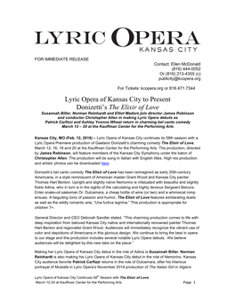 Lyric Opera of Kansas City to Present Donizetti's the Elixir of Love