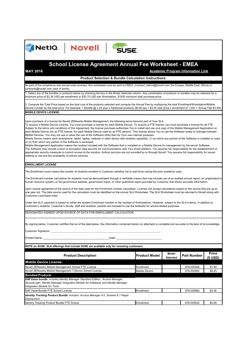 School License Agreement Annual Fee Worksheet - EMEA MAY 2016 Academic Program Information Link Product Selection & Bundle Calculation Instructions