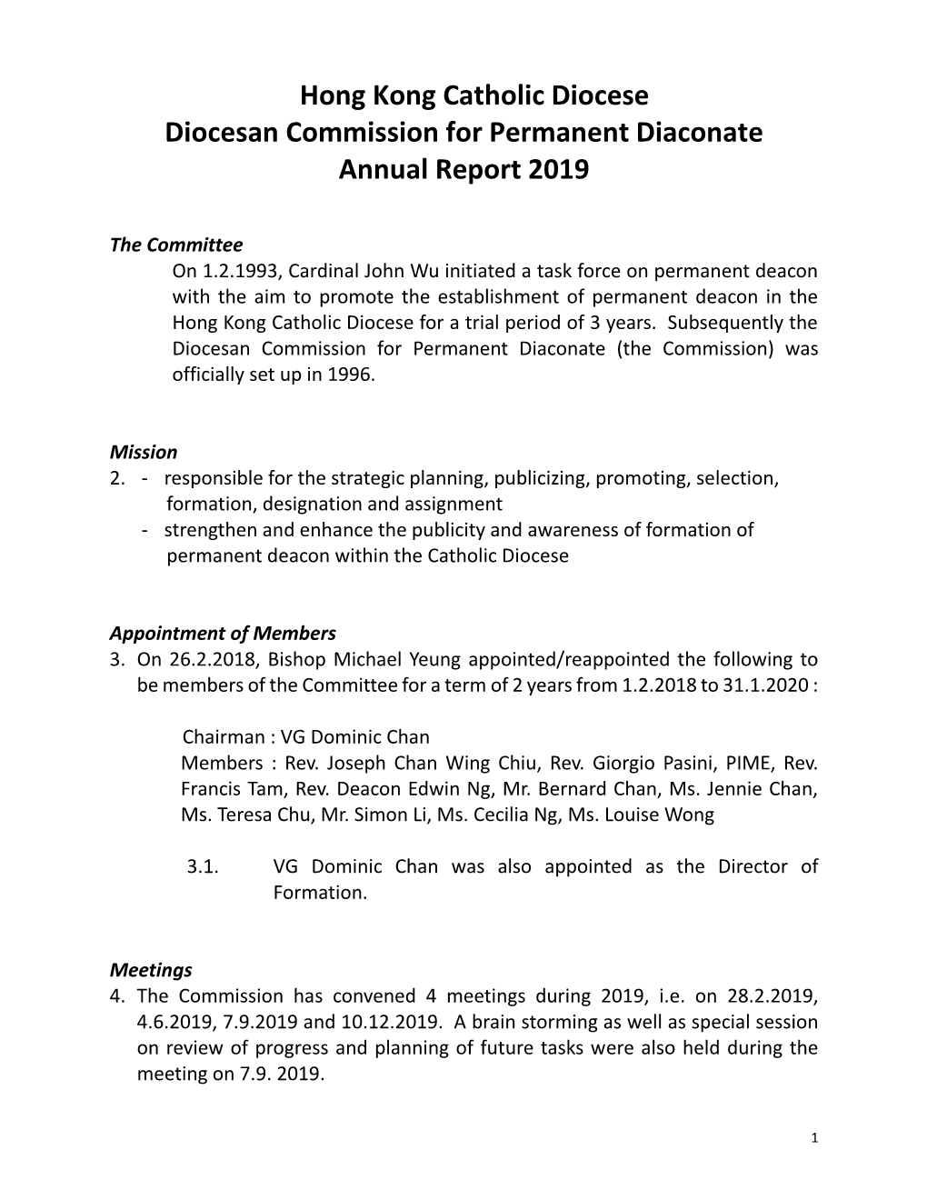 Hong Kong Catholic Diocese Diocesan Commission for Permanent Diaconate Annual Report 2019