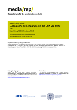 Europäische Filmemigration in Die USA Vor 1920 2001