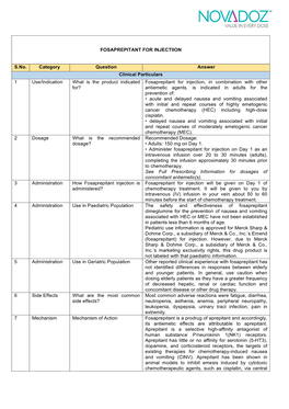 FOSAPREPITANT for INJECTIION S.No. Category Question Answer