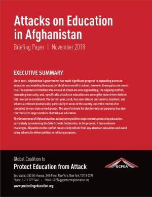 Attacks on Education in Afghanistan Briefing Paper | November 2018