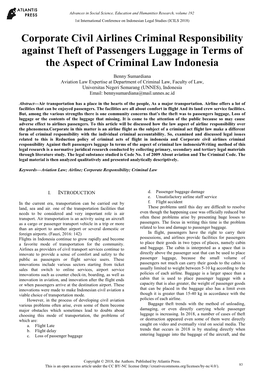 Corporate Civil Airlines Criminal Responsibility Against Theft of Passengers Luggage in Terms of the Aspect of Criminal Law Indonesia