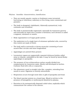 UNIT – IV Phylum- Annelida- Characteristics, Classification: They