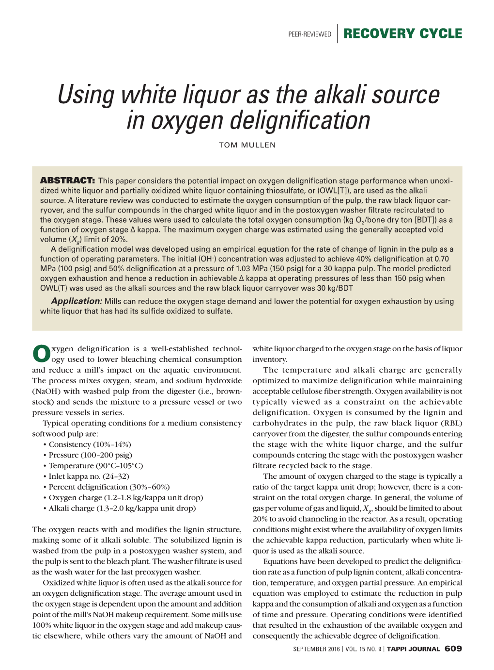 Using White Liquor As the Alkali Source in Oxygen Delignification, TAPPI