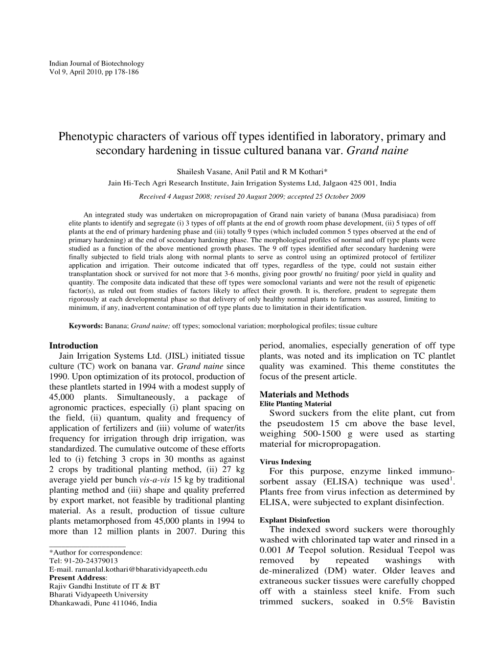 Phenotypic Characters of Various Off Types Identified in Laboratory, Primary and Secondary Hardening in Tissue Cultured Banana Var