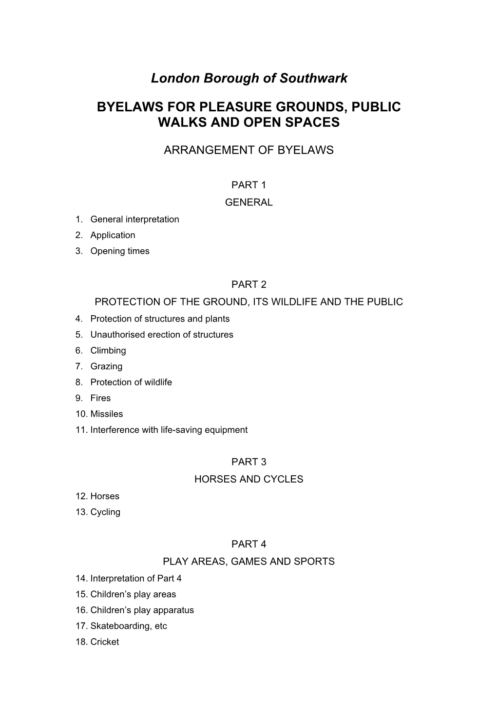 Byelaws for Parks and Open Spaces