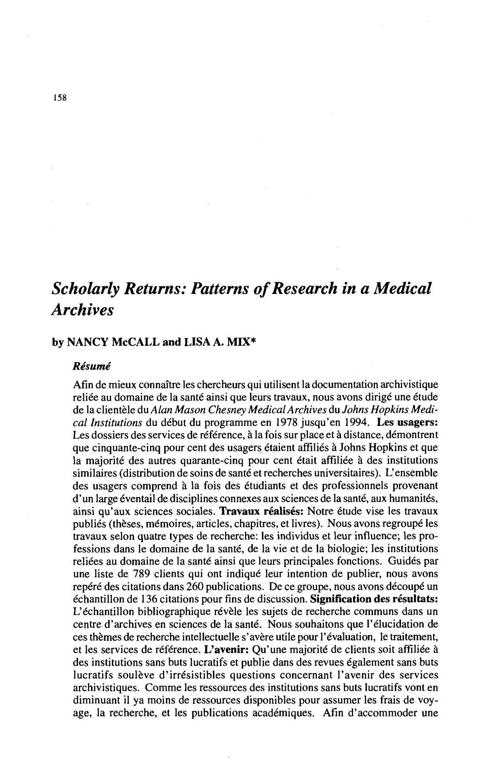 Patterns of Research in a Medical Archives by NANCY Mccall and LISA A