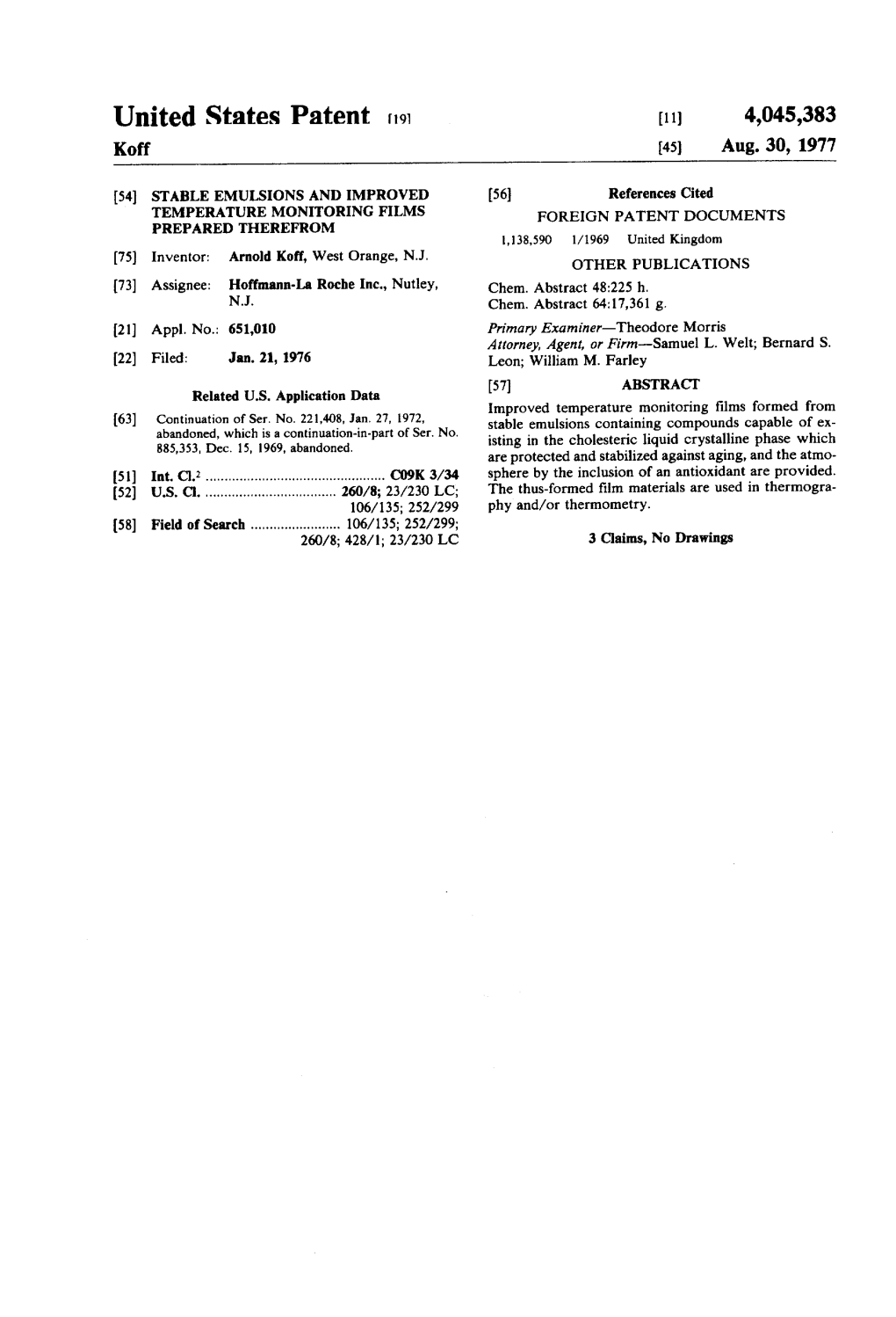 United States Patent 19 11) 4,045,383 Koff 45) Aug