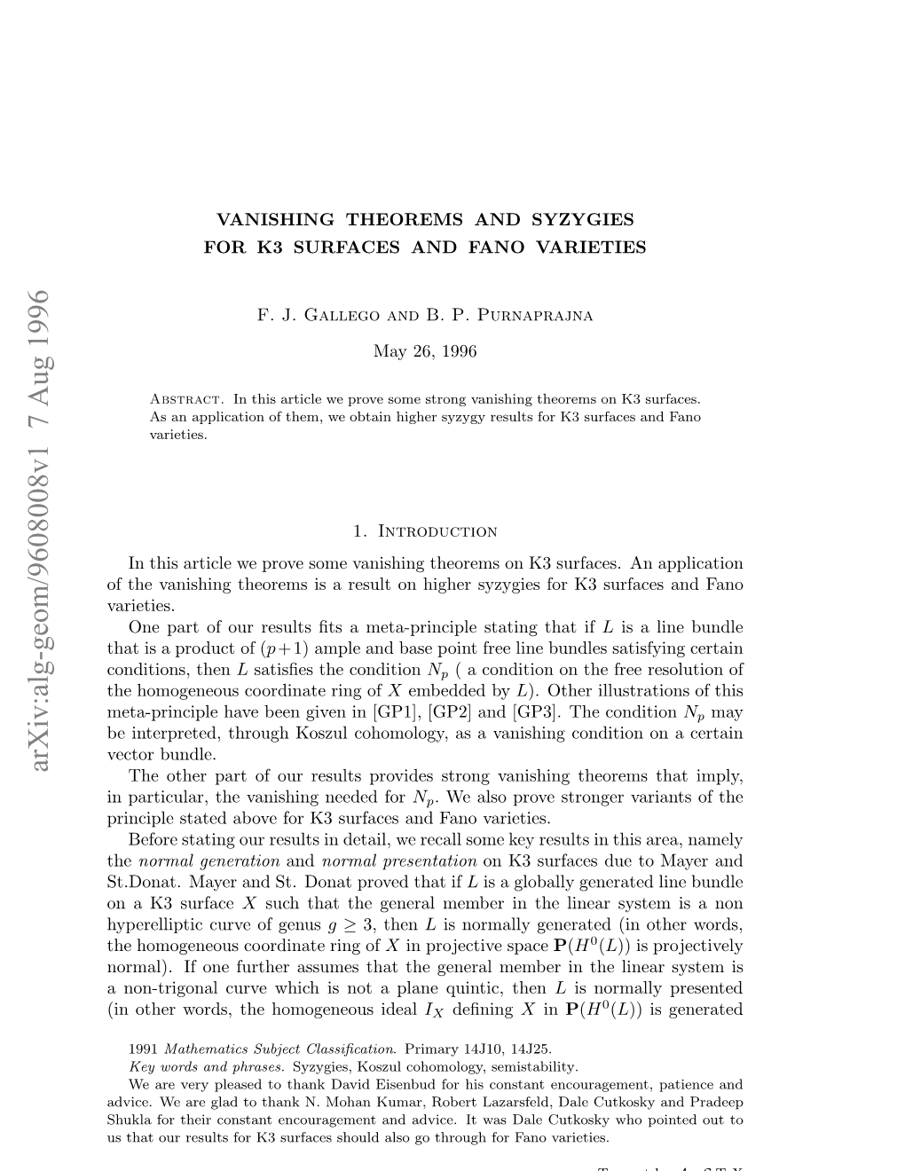 Vanishing Theorems and Syzygies for K3 Surfaces and Fano Varieties