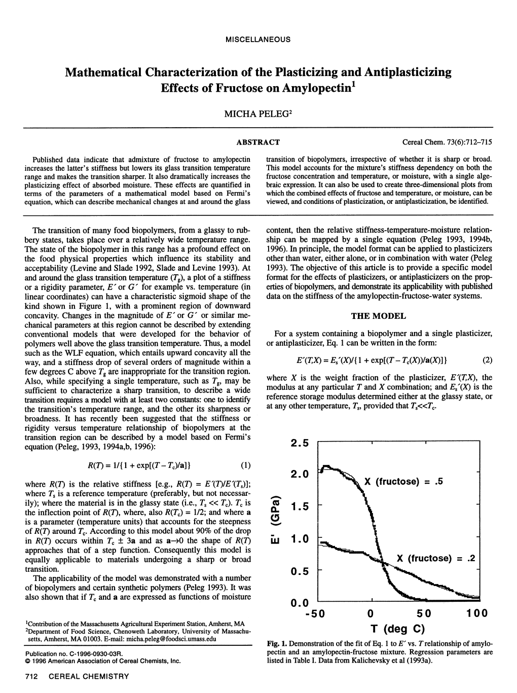 Mathematical Characterization of the Plasticizing and Antiplasticizing Effects of Fructose on Amylopectin1 T