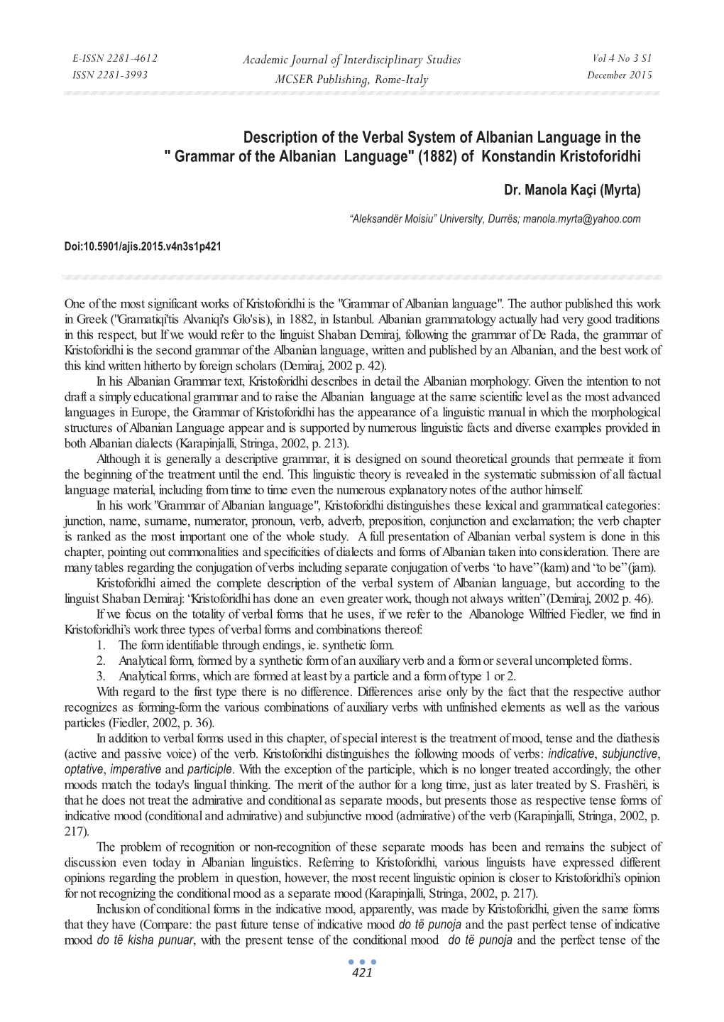 Grammar of the Albanian Language" (1882) of Konstandin Kristoforidhi