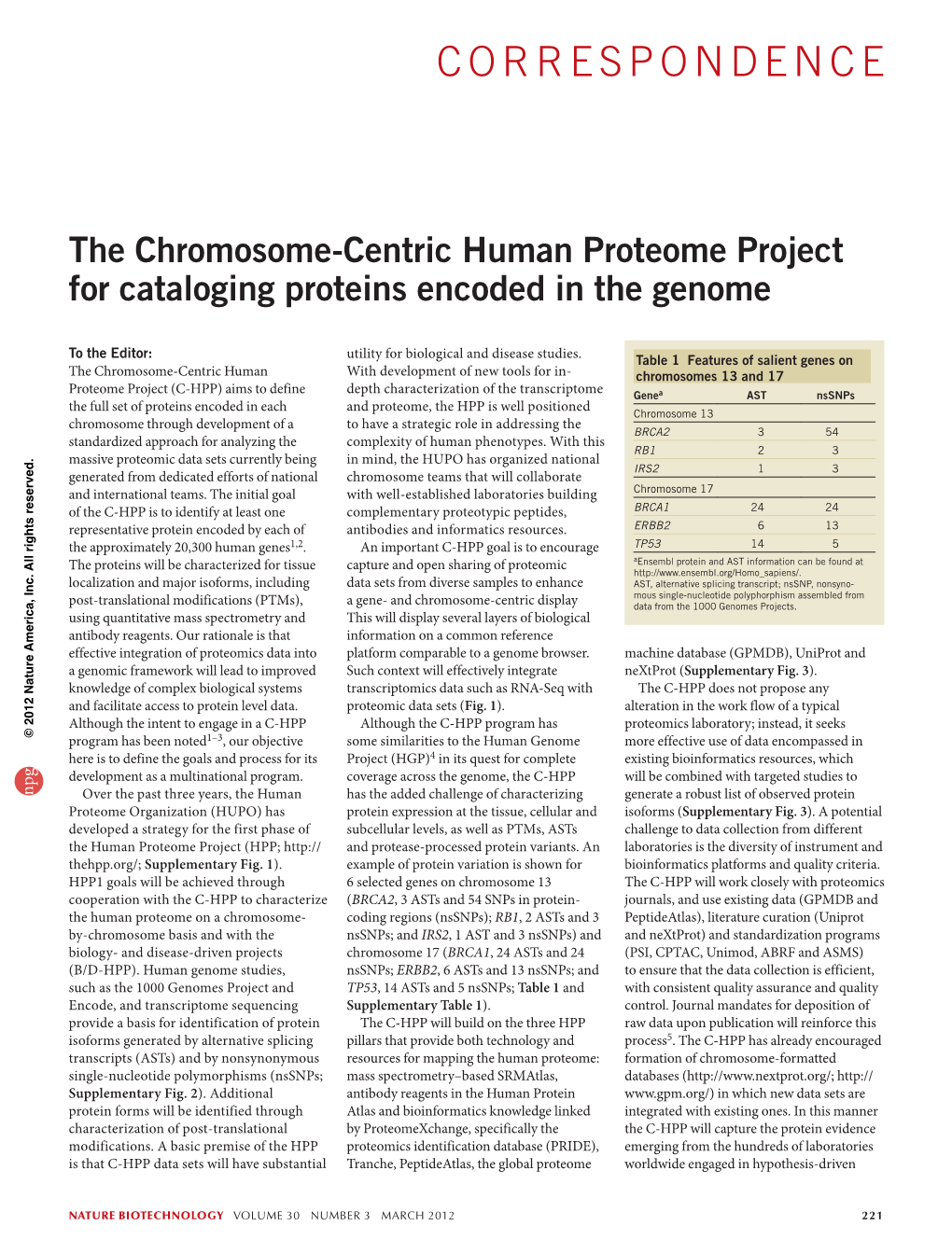 The Chromosome-Centric Human Proteome Project for Cataloging Proteins Encoded in the Genome