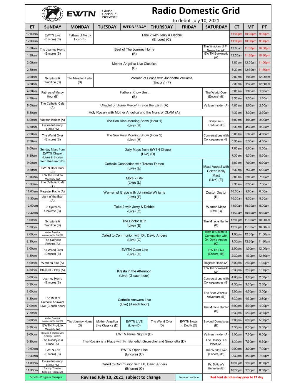 Radio Domestic Grid to Debut July 10, 2021 ET SUNDAY MONDAY TUESDAY WEDNESDAY THURSDAY FRIDAY SATURDAY CT MT PT