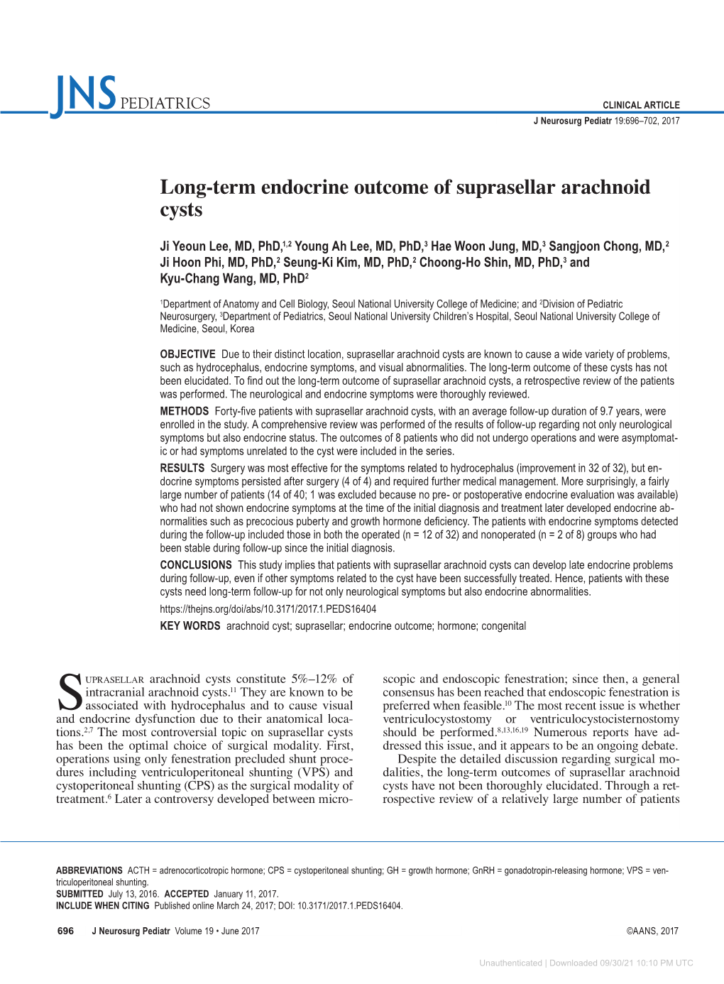 Long-Term Endocrine Outcome of Suprasellar Arachnoid Cysts