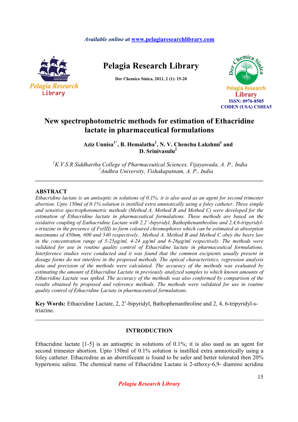 New Spectrophotometric Methods for Estimation of Ethacridine Lactate in Pharmaceutical Formulations