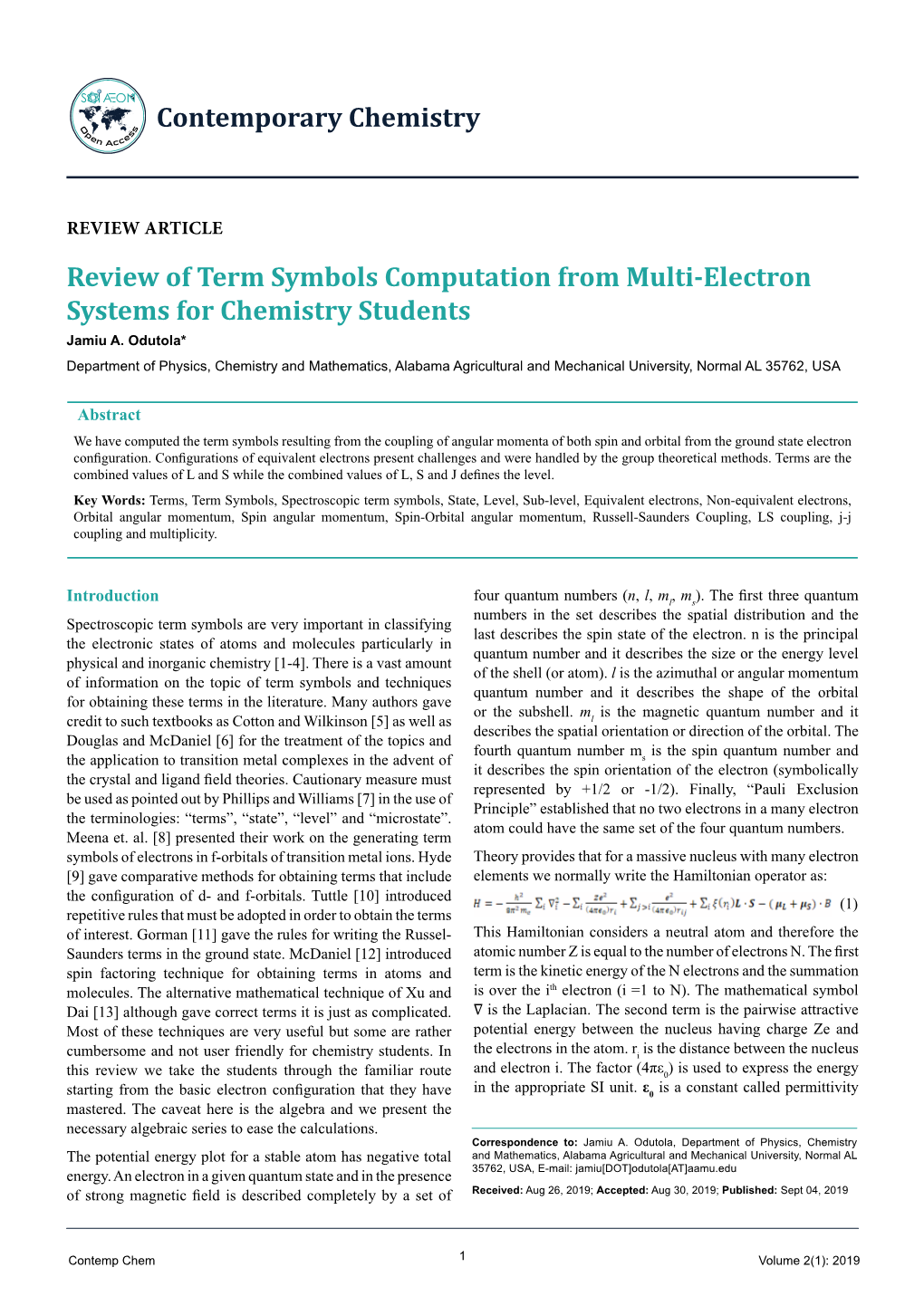 Review of Term Symbols Computation from Multi-Electron Systems for Chemistry Students Jamiu A