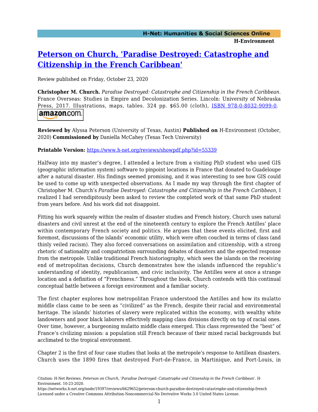 Paradise Destroyed: Catastrophe and Citizenship in the French Caribbean'