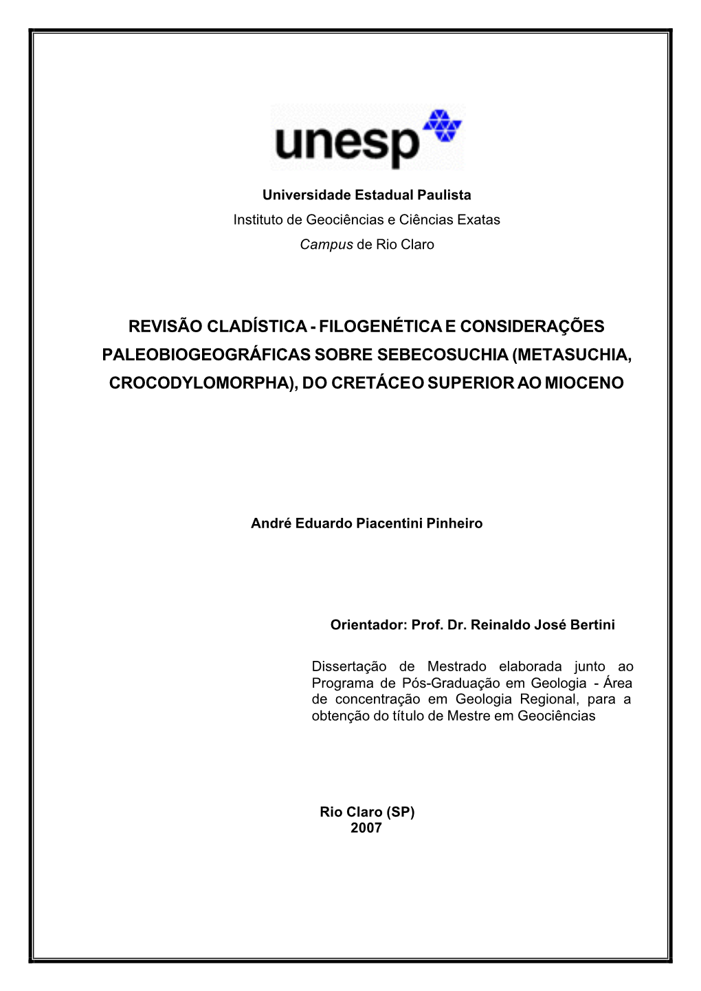 (Metasuchia, Crocodylomorpha), Do Cretáceo Superior Ao Mioceno / André Eduardo Piacentini Pinheiro