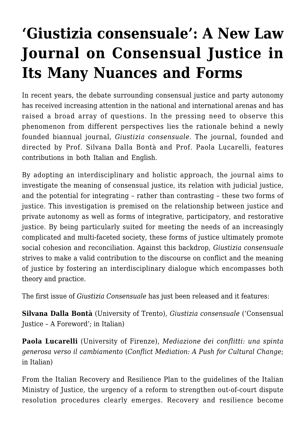 'Giustizia Consensuale': a New Law Journal On