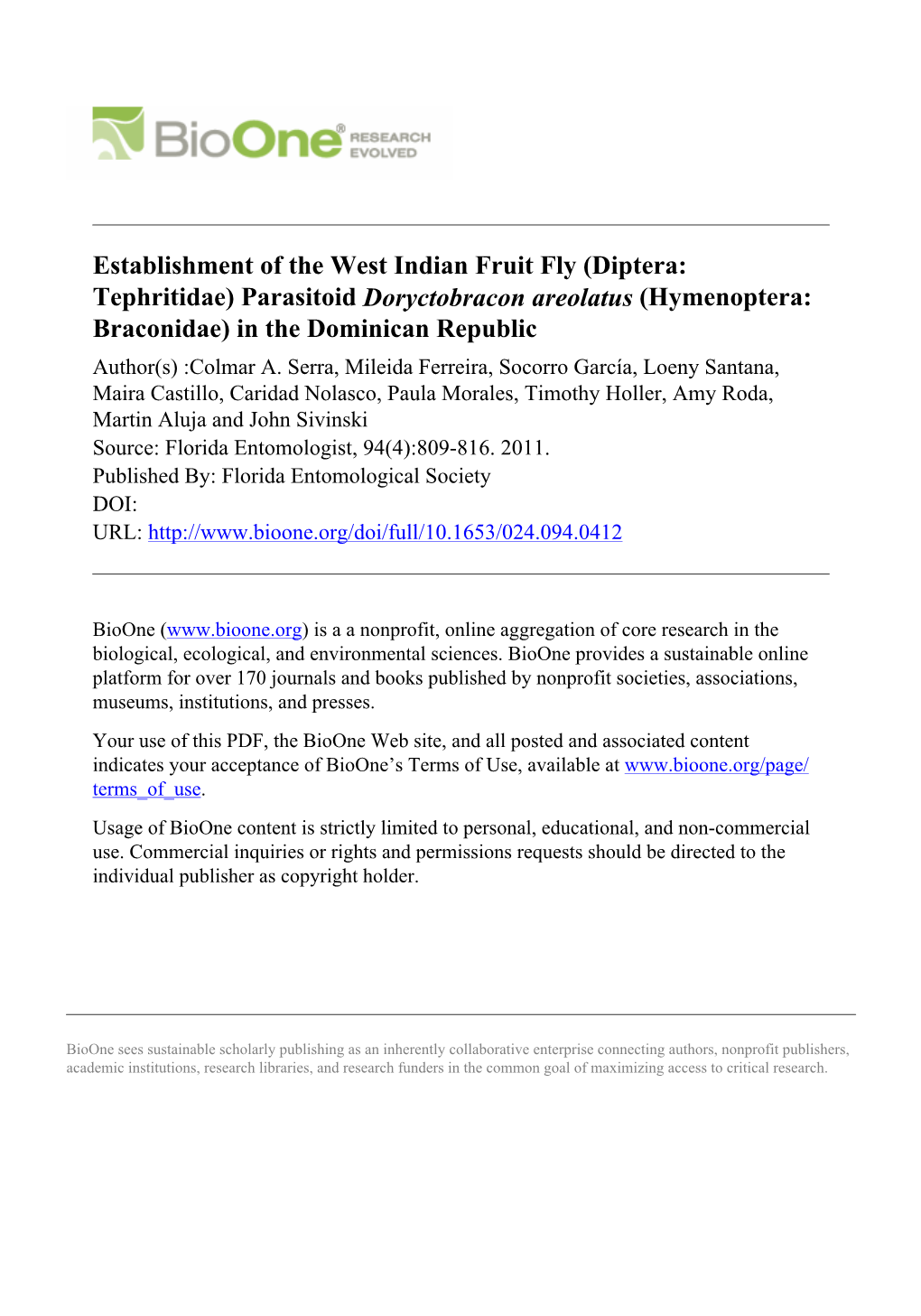 Establishment of the West Indian Fruit Fly (Diptera: Tephritidae)