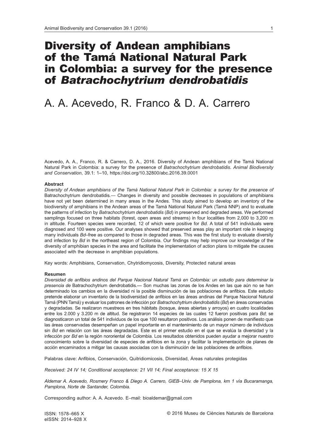 Diversity of Andean Amphibians of the Tamá National Natural Park in Colombia: a Survey for the Presence of Batrachochytrium Dendrobatidis