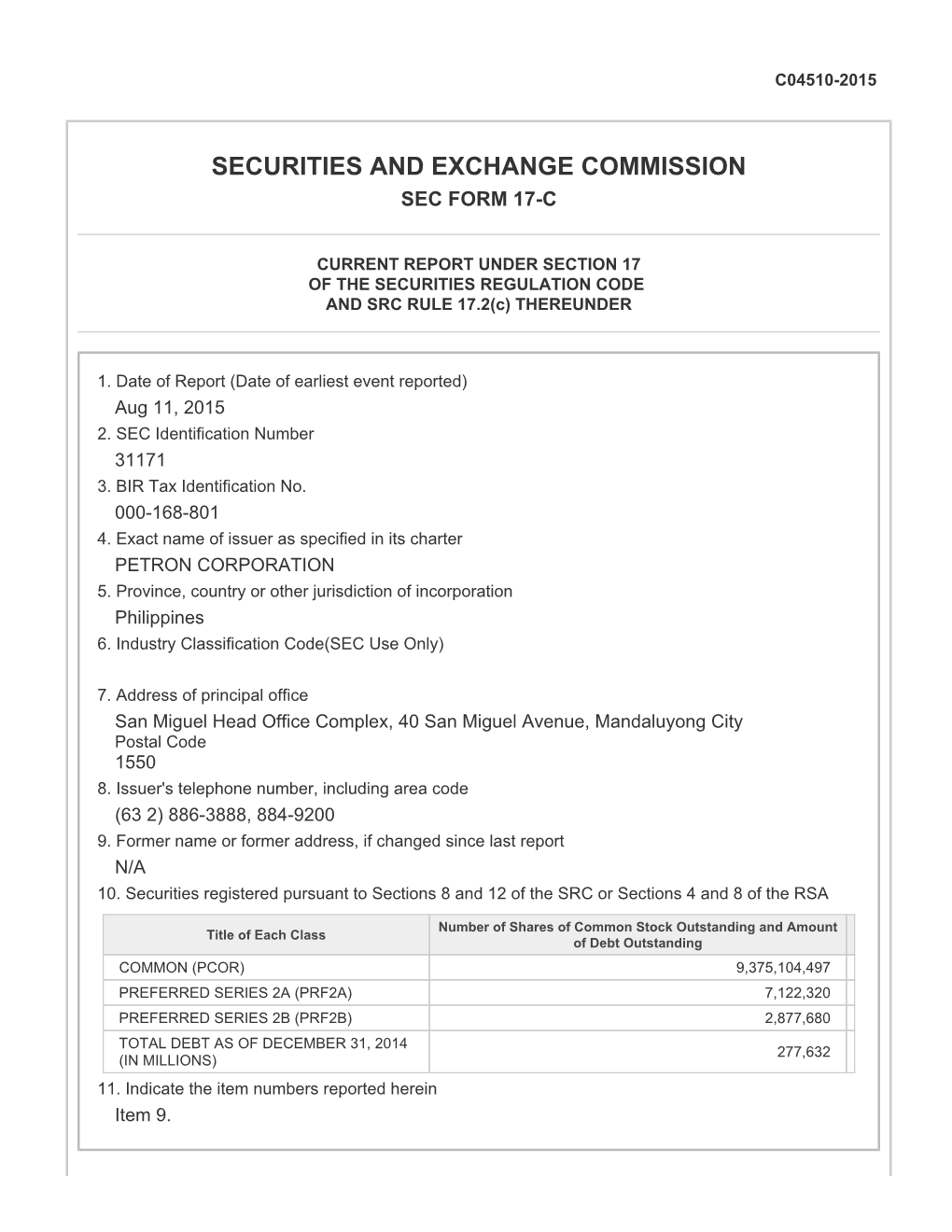 Securities and Exchange Commission Sec Form 17-C