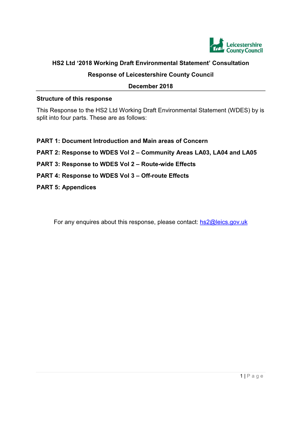 HS2 Ltd ‘2018 Working Draft Environmental Statement’ Consultation Response of Leicestershire County Council December 2018