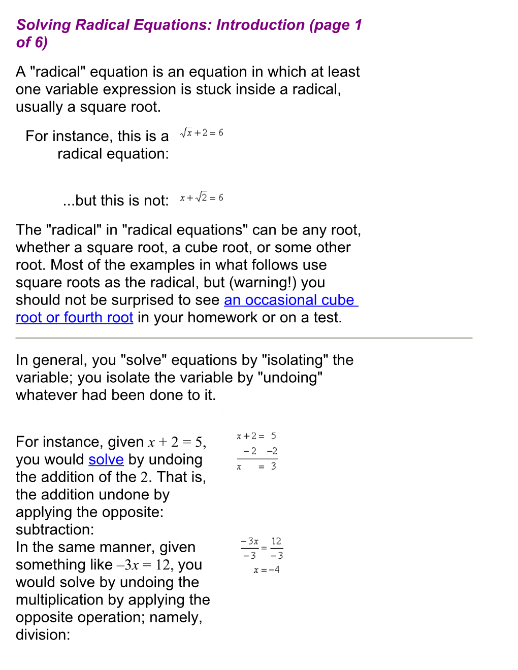 Solving Radical Equations: Introduction (Page 1 of 6)