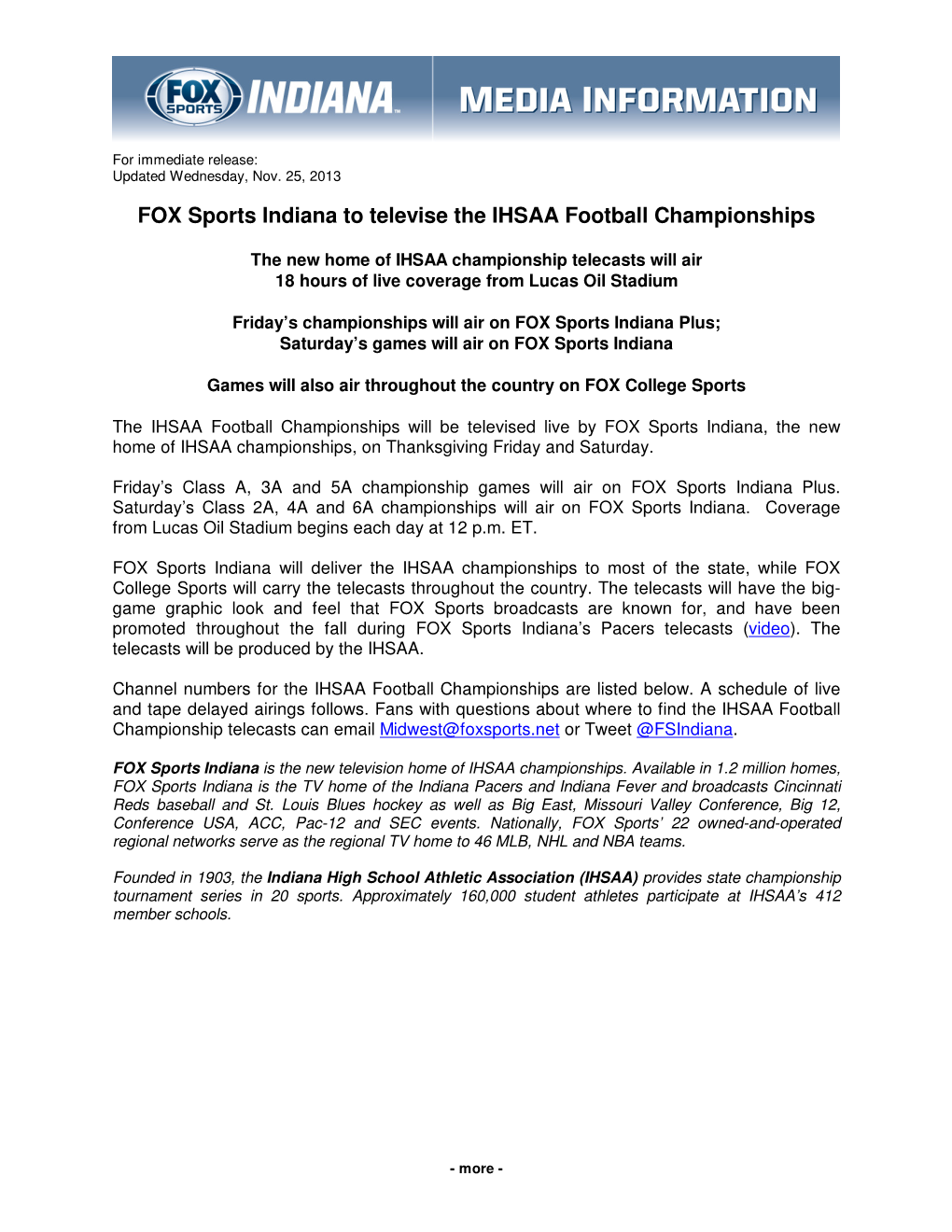 FOX Sports Indiana to Televise the IHSAA Football Championships