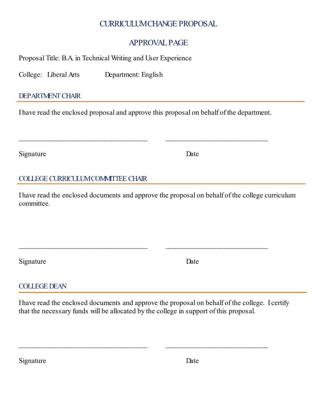 Curriculum Change Proposal Approval Page