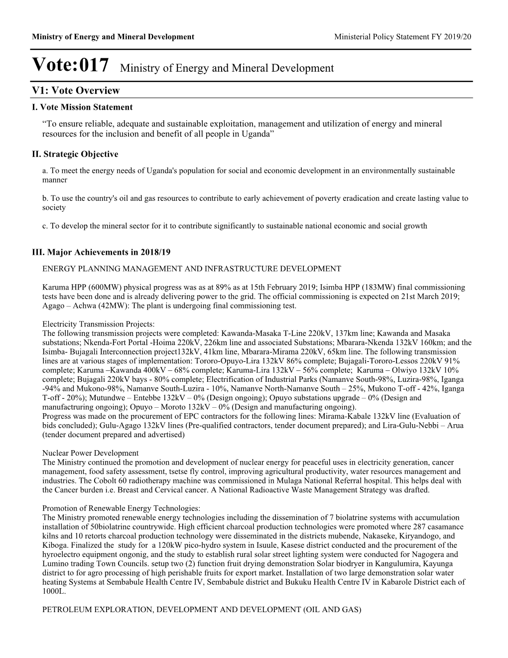 Vote:017 Ministry of Energy and Mineral Development V1: Vote Overview I