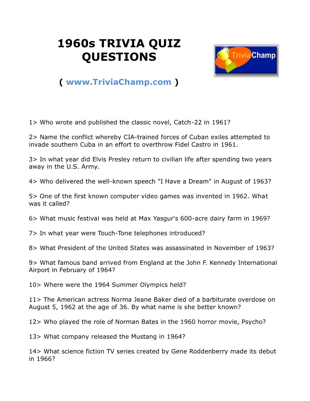 1960S TRIVIA QUIZ QUESTIONS