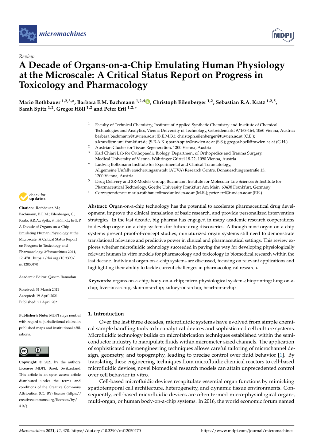 A Decade of Organs-On-A-Chip Emulating Human Physiology at the Microscale: a Critical Status Report on Progress in Toxicology and Pharmacology